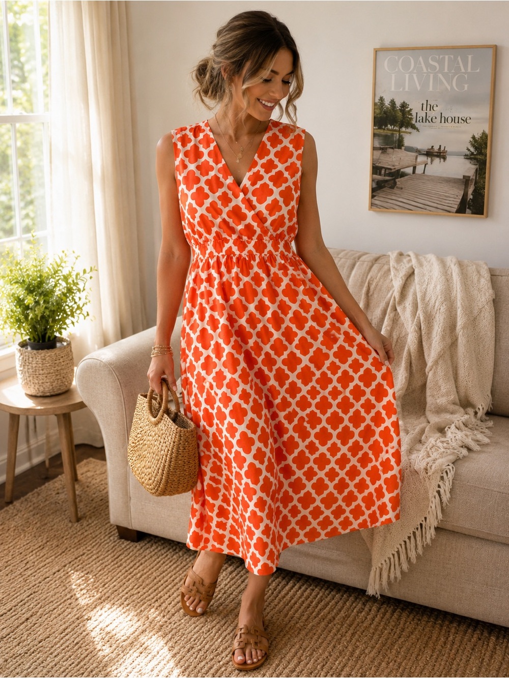 Flirty Pink 3X Orange & White Geometric Print Midi Dress Sleeveless Empire Waist